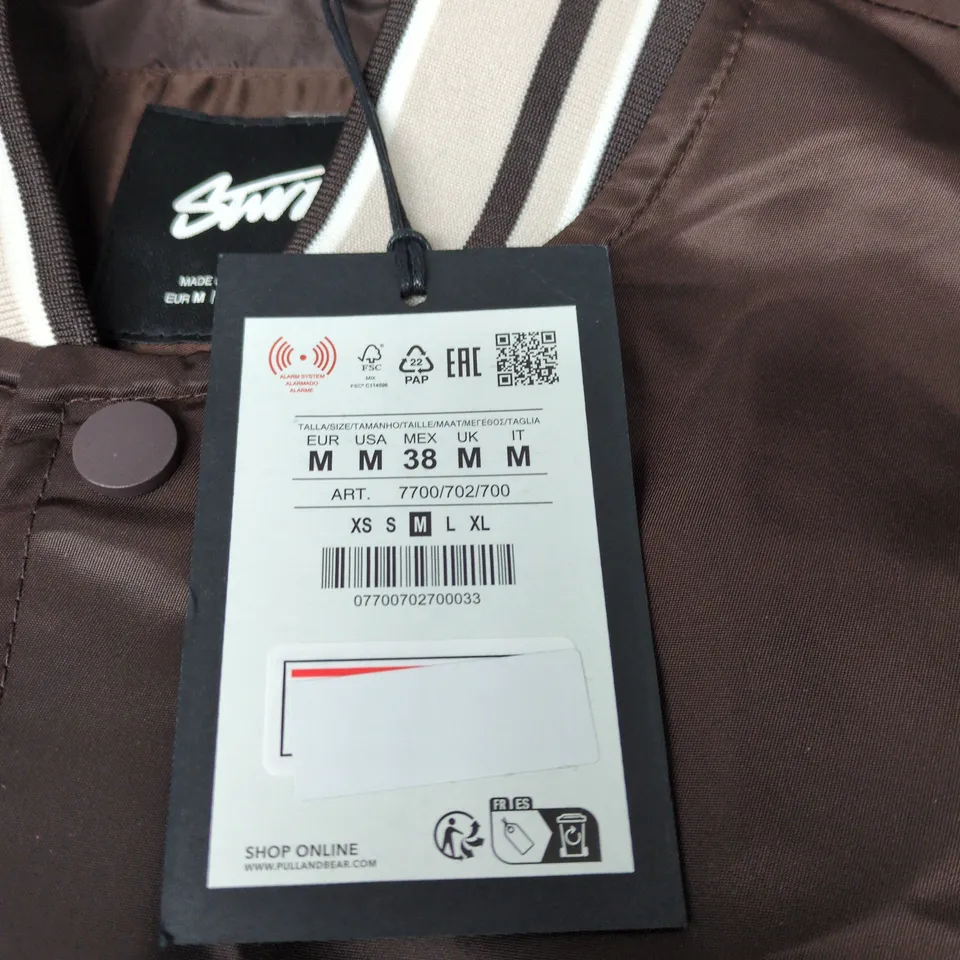 PULL & BEAR STWD BROWN SATIN VARSITY BOMBER JACKET WITH WHITE SLEEVES, SIZE M