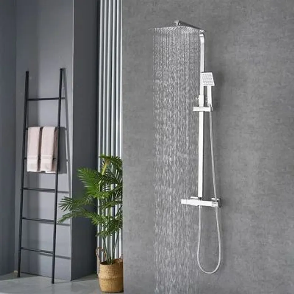 BOXED BLACK THERMOSTATIC SHOWER MIXER SET SQUARE SHOWER KIT 10" STAINLESS STEEL OVERHEAD SHOWER BRASS 38°C THERMOSTATIC VALVE