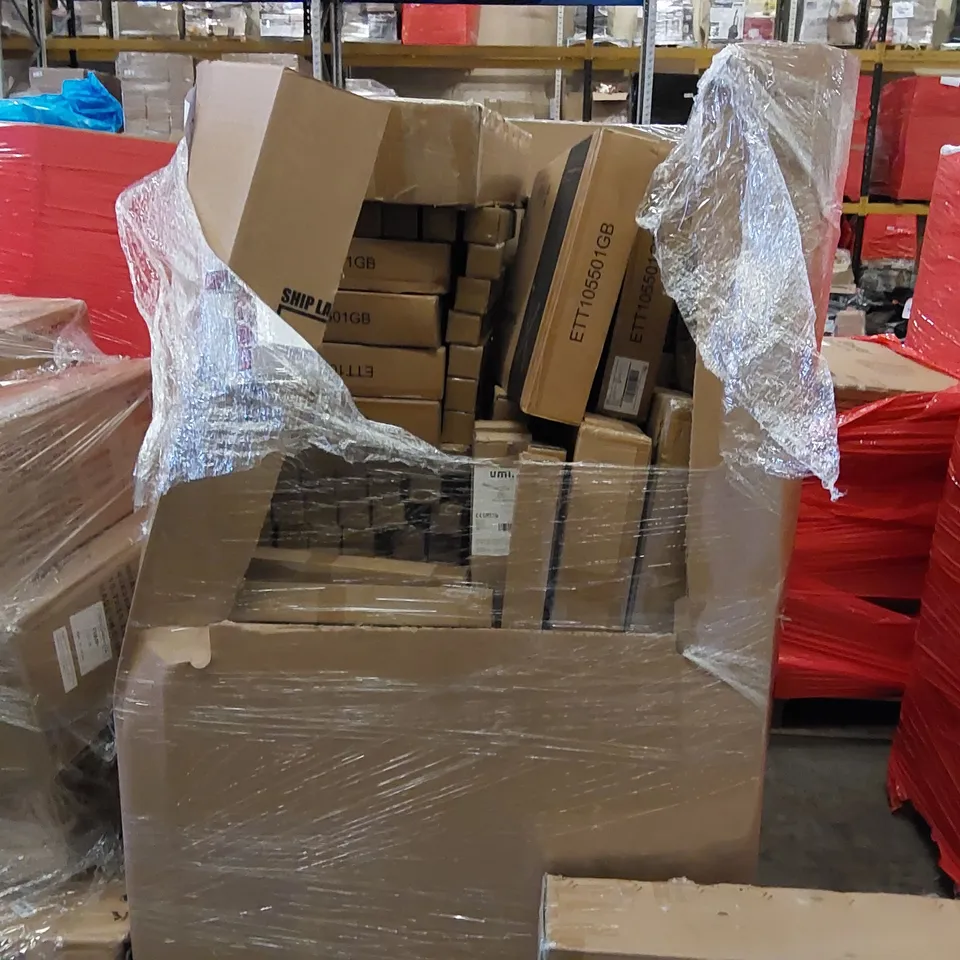 PALLET OF ASSORTED ITEMS INCLUDING: RACING WHEEL STAND, TV STAND WITH MOUNT, COOKING EQUIPMENT, TELESCOPIC EXTENDABLE POLE