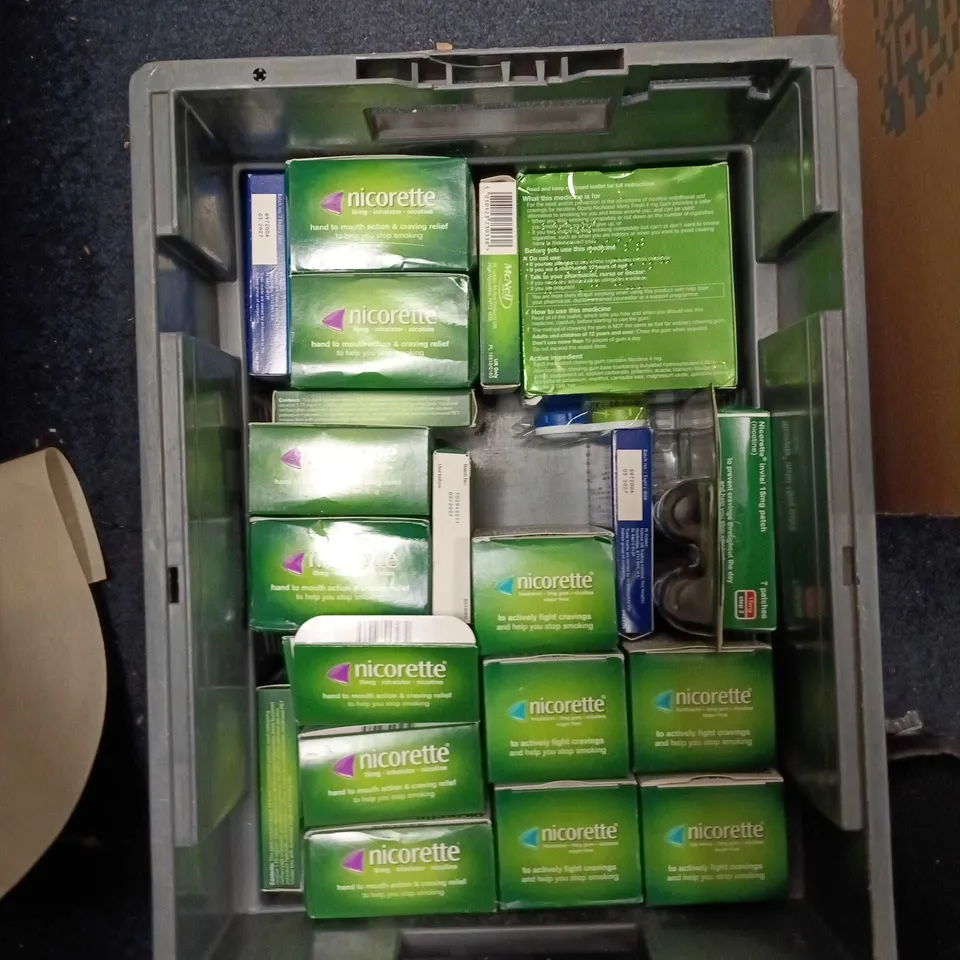 BOX OF APPROXIMATELY 20 CIGARETTE ALTENATIVES INCLUDING NICORETTE INHALATOR, NICORETTE GUM AND NIQUITIN PATCHES