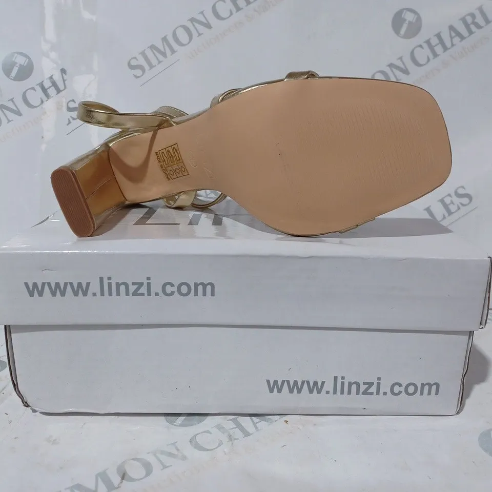 BOXED PAIR OF LINZI SWEETHEART OPEN TOE STRAPPY HEELED SANDALS IN GOLD COLOUR SIZE 5