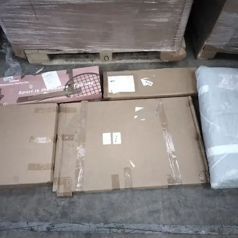 PALLET OF ASSORTED ITEMS INCLUDING EASY LIFE HEATED AIRER WITH TIMER AND WHEELS, NORTHEN STONE BASKETBALL BACKBOARD, HOMIDEC, LUXURIOUS COTTON MATTRESS TOPPER, COMHOMA OFFICE CHAIR, PINE SINGLE BED