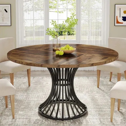 BOXED ROUND DINING TABLE FOR 4-6, 47" FARMHOUSE CIRCLE KITCHEN TABLE - BROWN & BLACK