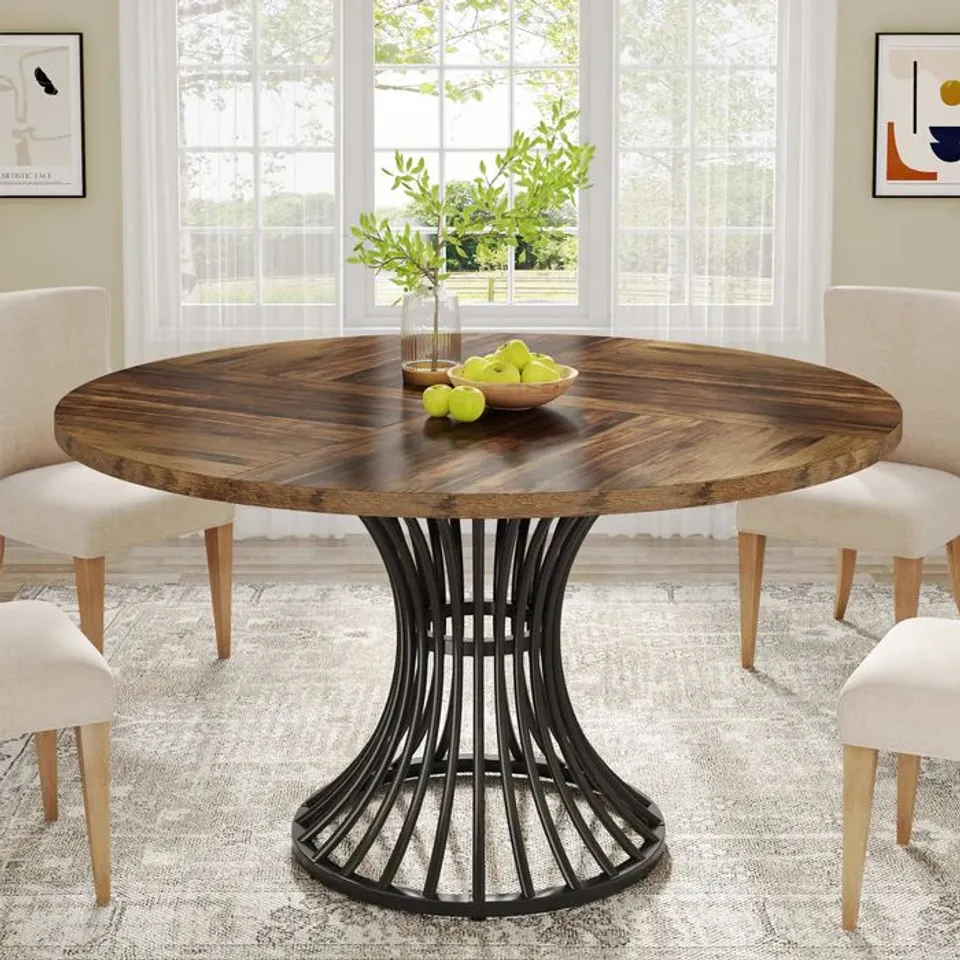 BOXED ROUND DINING TABLE FOR 4-6, 47" FARMHOUSE CIRCLE KITCHEN TABLE - BROWN & BLACK