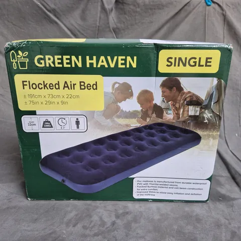 BOXED GREEN HAVEN FLOCKED AIRBED IN NAVY SIZE SINGLE