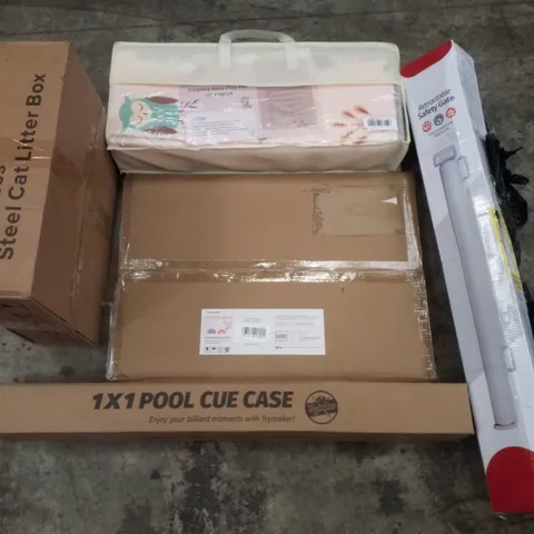 PALLET CONTAINING ASSORTED PRODUCTS INCLUDING PLAY MATS, RETRACTABLE SAFETY GATE, PICTURE FRAMES, POOL CUE CASE & STAINLESS STEEL CAT LITTER BOX