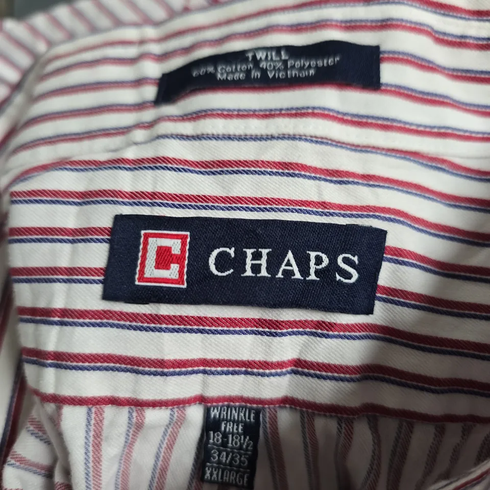 CHAPS WRINKLE-FREE STRIPED SHIRT – WHITE WITH RED & NAVY, UK 18-18½ (34/35), XL
