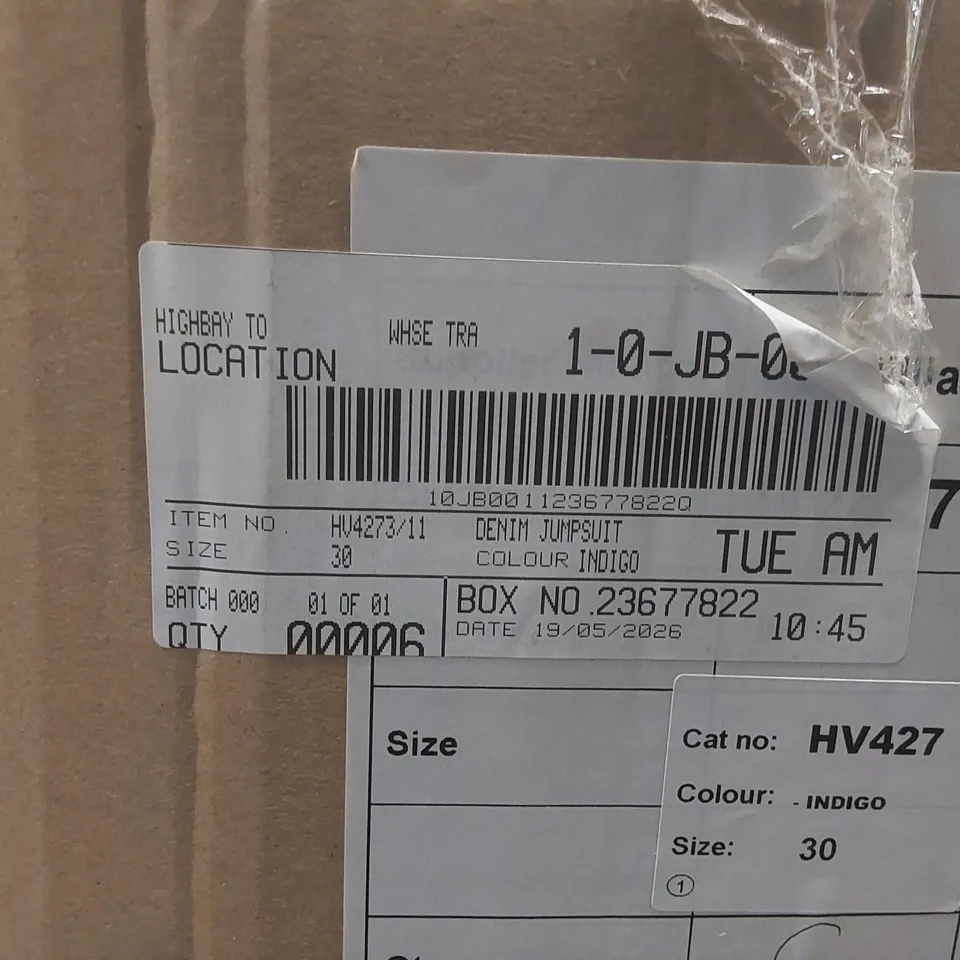 BOX CONTAINING APPROXIMATELY 6x BRAND NEW JD WILLIAMS INDIGO DENIM JUMPSUITS - SIZE 30