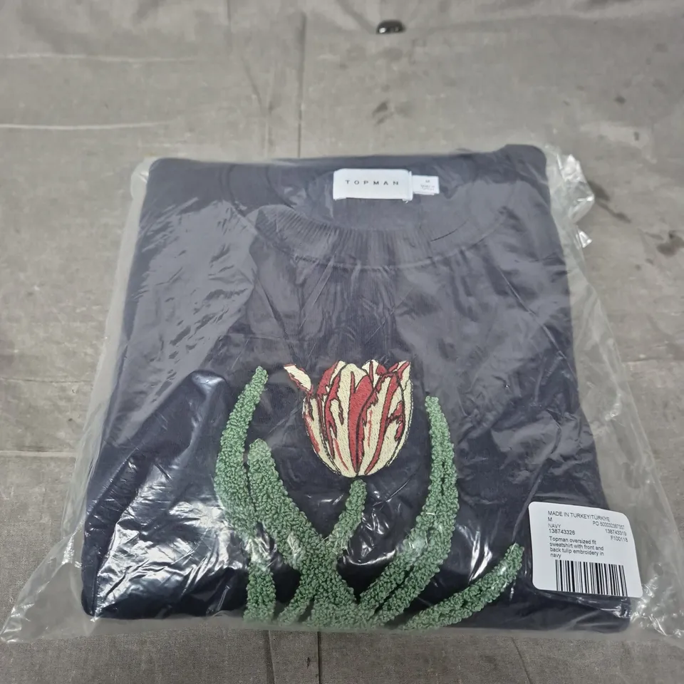TOPMAN NAVY OVERSIZED FIT SWEATSHIRT WITH FRONT & BACK TULIP EMBROIDERY SIZE  M 