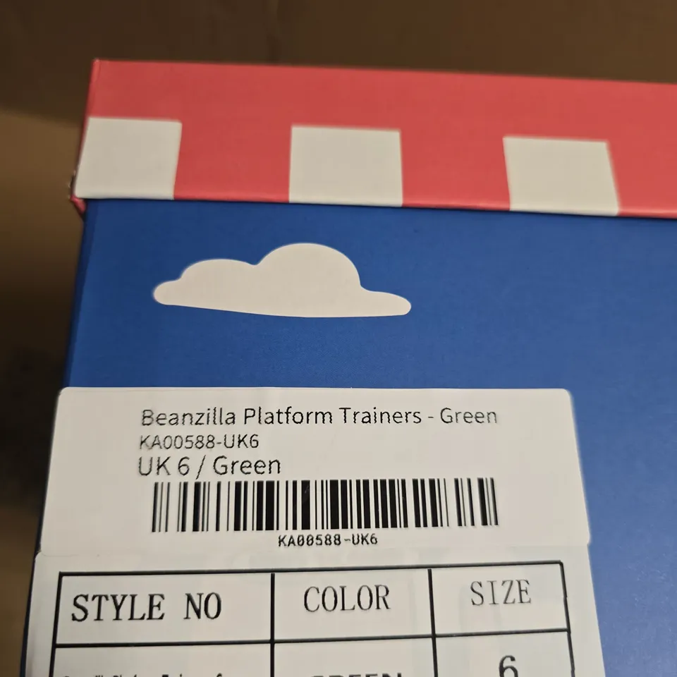 BOXED PAIR OF KOI X KETNIPZ BEANZILLA PLATFORM TRAINERS - GREEN, UK 6