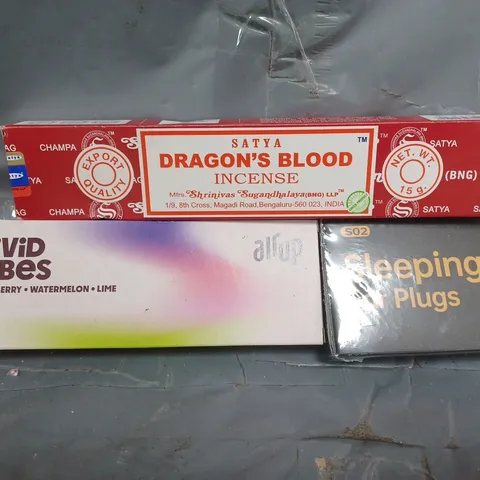 APPROXIMATELY 10 ASSORTED HOUSEHOLD ITEMS TO INCLUDE INCENSE STICKS, AIR UP AROMA PODS, SLEEPING EAR PLUGS, ETC