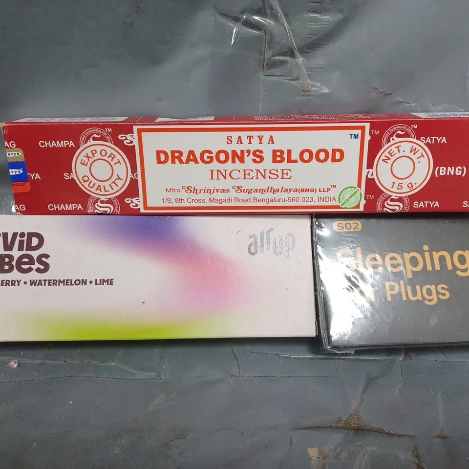 APPROXIMATELY 10 ASSORTED HOUSEHOLD ITEMS TO INCLUDE INCENSE STICKS, AIR UP AROMA PODS, SLEEPING EAR PLUGS, ETC