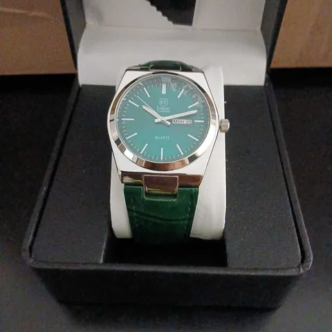 ERNEST FERDINAND QUARTZ WRISTWATCH – TEAL DIAL, GREEN STRAP – BOXED