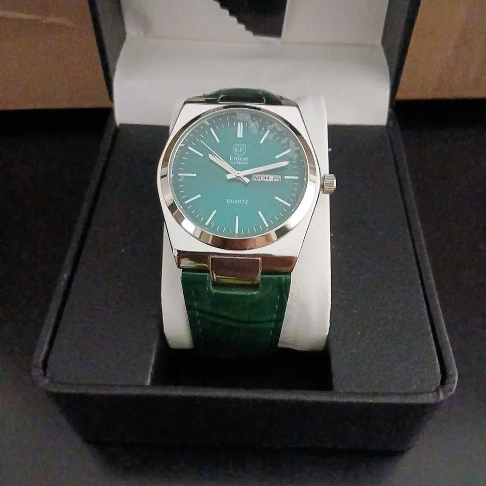 ERNEST FERDINAND QUARTZ WRISTWATCH – TEAL DIAL, GREEN STRAP – BOXED