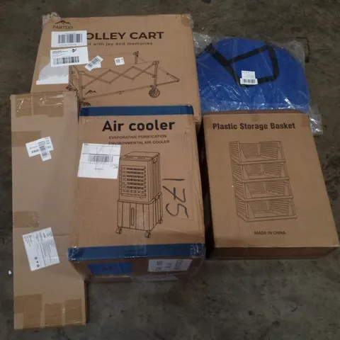 PALLET CONTAINING ASSORTED PRODUCTS INCLUDING TROLLEY CART, POP UP TENT, PLASTIC STORAGE BASKET, AIR COOLER & FLOATING SHELF