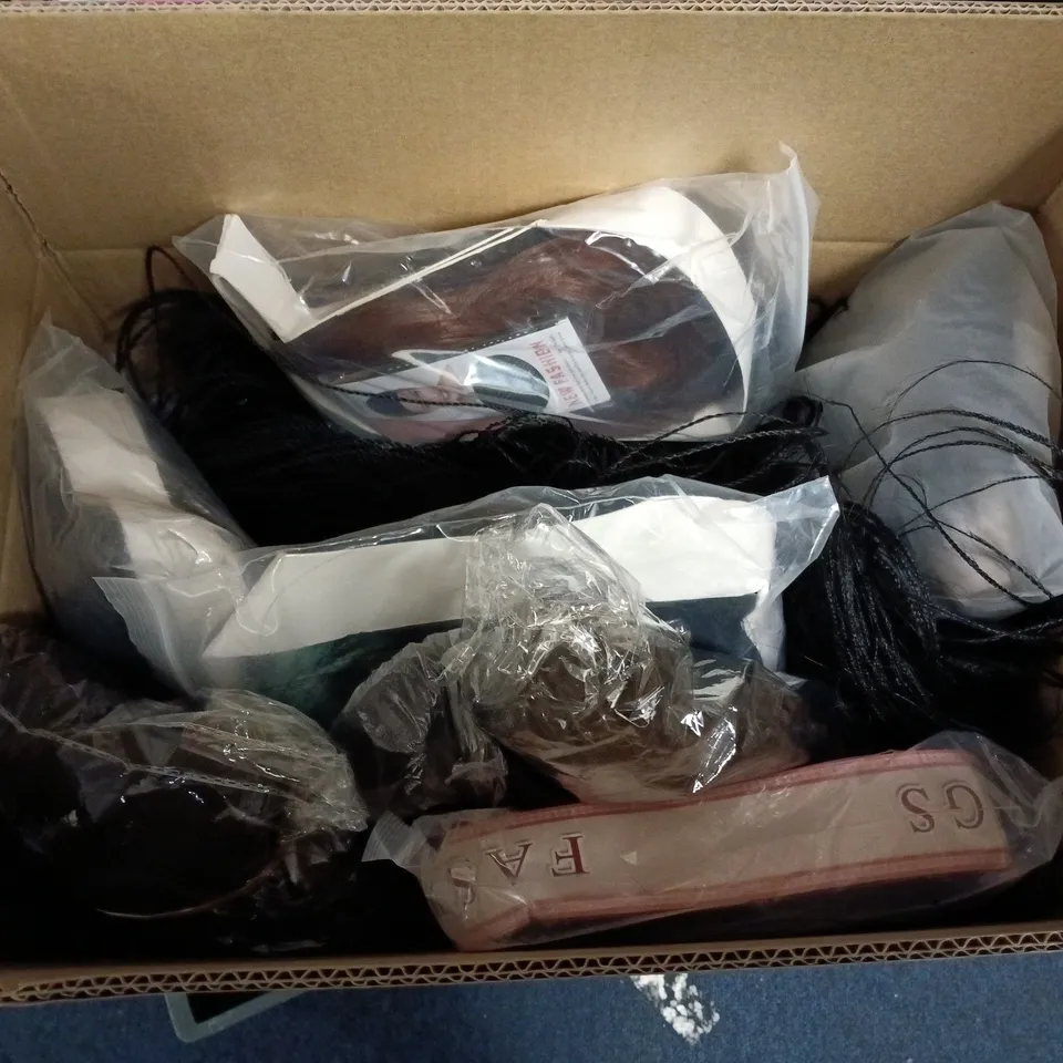 BOX OF APPROXIMATELY 15 HAIR PIECES AND WIGS VARIOUS COLOURS AND STYLES