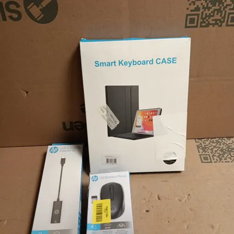 BOX OF APPROXIMATELY 20 ELECTRICAL PRODUCTS TO INCLUDE HP WIRELESS MOUSE, USB-C TO RJ45 ADAPTER G2 AND A KEYBOARD CASE