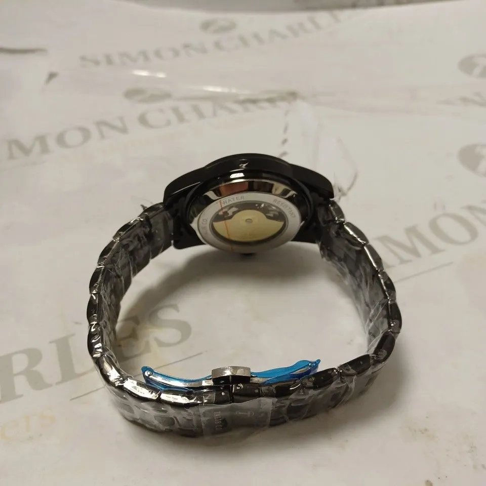 MEN’S TALIS CO 7820 AUTOMATIC WATCH – BLACK SKELETON DIAL AND CASE – STAINLESS STEEL STRAP – GLASS BACKCASE