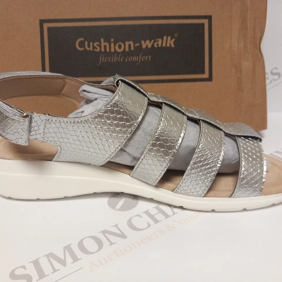 BOXED PAIR OF CUSHION WALK ONE TOUCH CLOSE SANDALS IN SILVER - SIZE 6 
