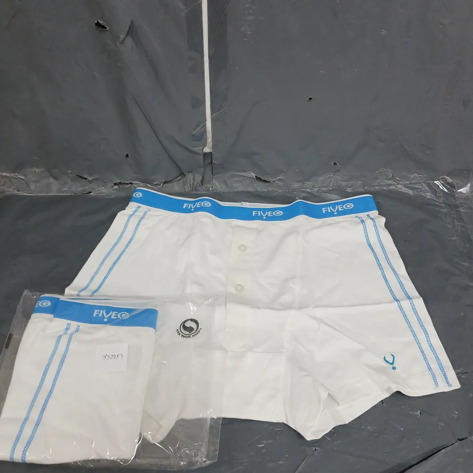 APPROXIMATELY 60 FIVE G WHITE BOXERS IN ASSORTED SIZES TO INCLUDE - S/M/L