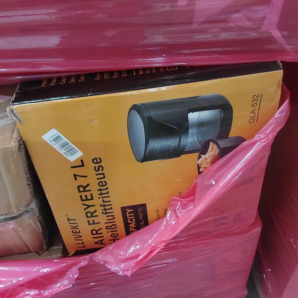 PALLET TO CONTAIN AN ASSORTMENT OF HOUSEHOLD ITEMS TO INCLUDE; TOASTERS, AIR FRYER, BOXED FURNITURE ETC