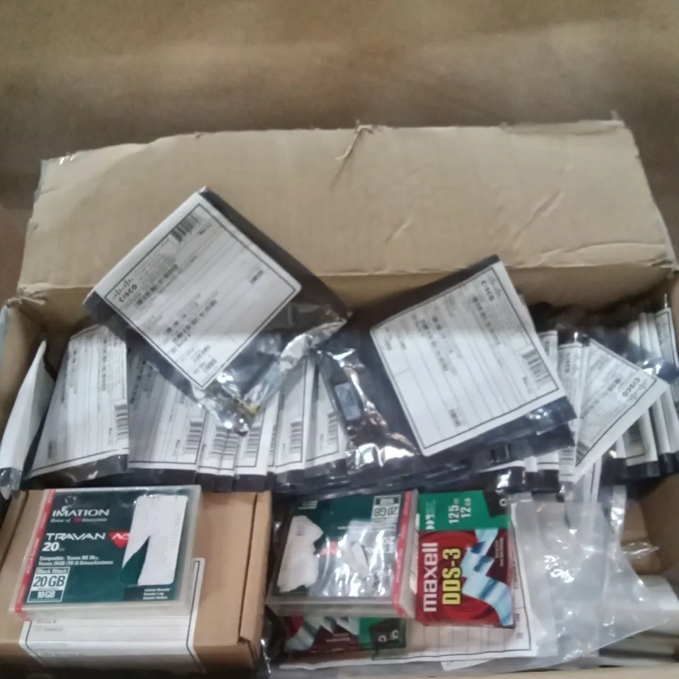 BOX OF ASSORTED CISCO PARTS INCLUDING, GBPS FIBRE CHANNELS , 7925G POWER SUPPLY AND IMATION TRAVAN 20GB