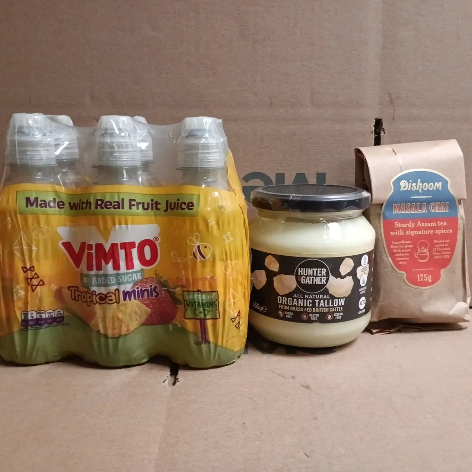 APPROXIMATELY 5 ASSORTED FOOD AND DRINK ITEMS TO INCLUDE MASALA CHAI, ORGANIC TALLOW, VIMTO MULTIPACK, ETC