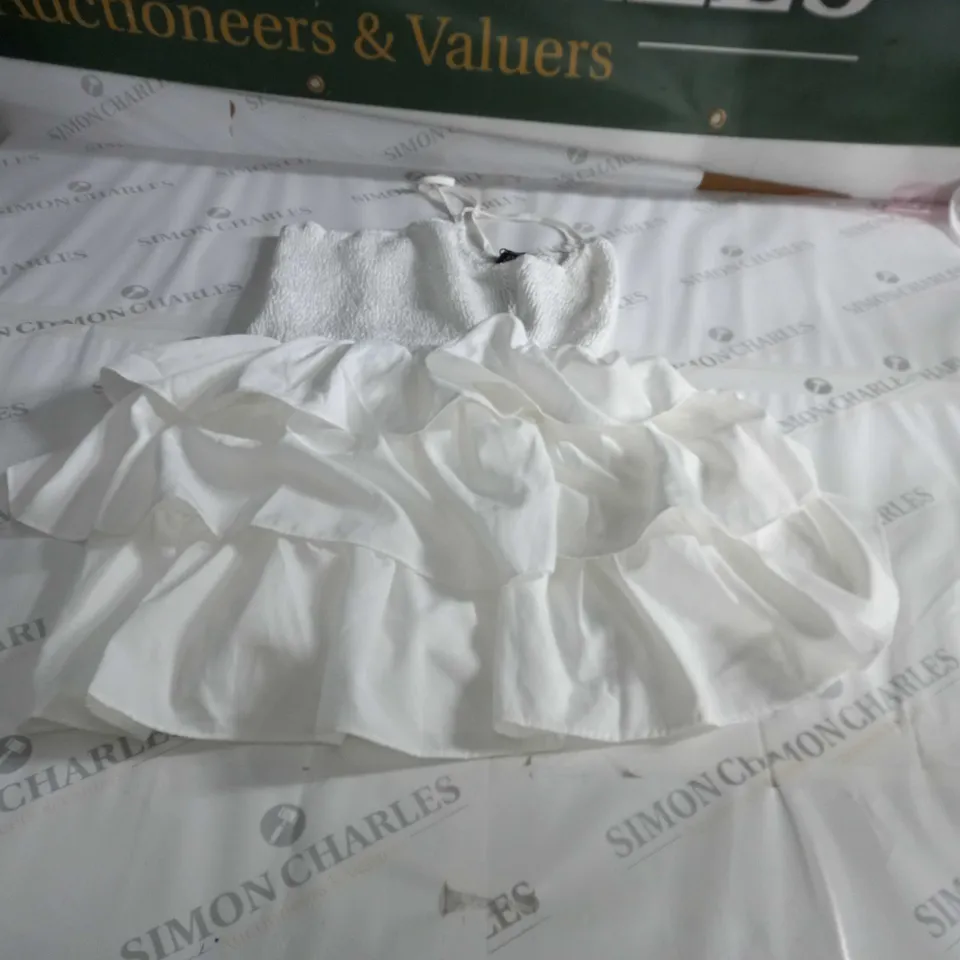 PRETTY LITTLE THING WHITE SHIRRED HALTERNECK TIERED SHIFT DRESS SIZE 8