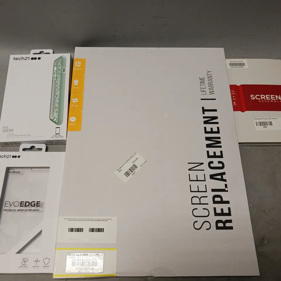 BOX OF APPROXIMATELY 100 ASSORTED ITEMS TO INCLUDE - SCREEN ASSEMBLY , MACBOOK PRO A1502 SCREEN REPLACEMENT , TECH21 EVO EDGE ETC - COLLECTION ONLY 