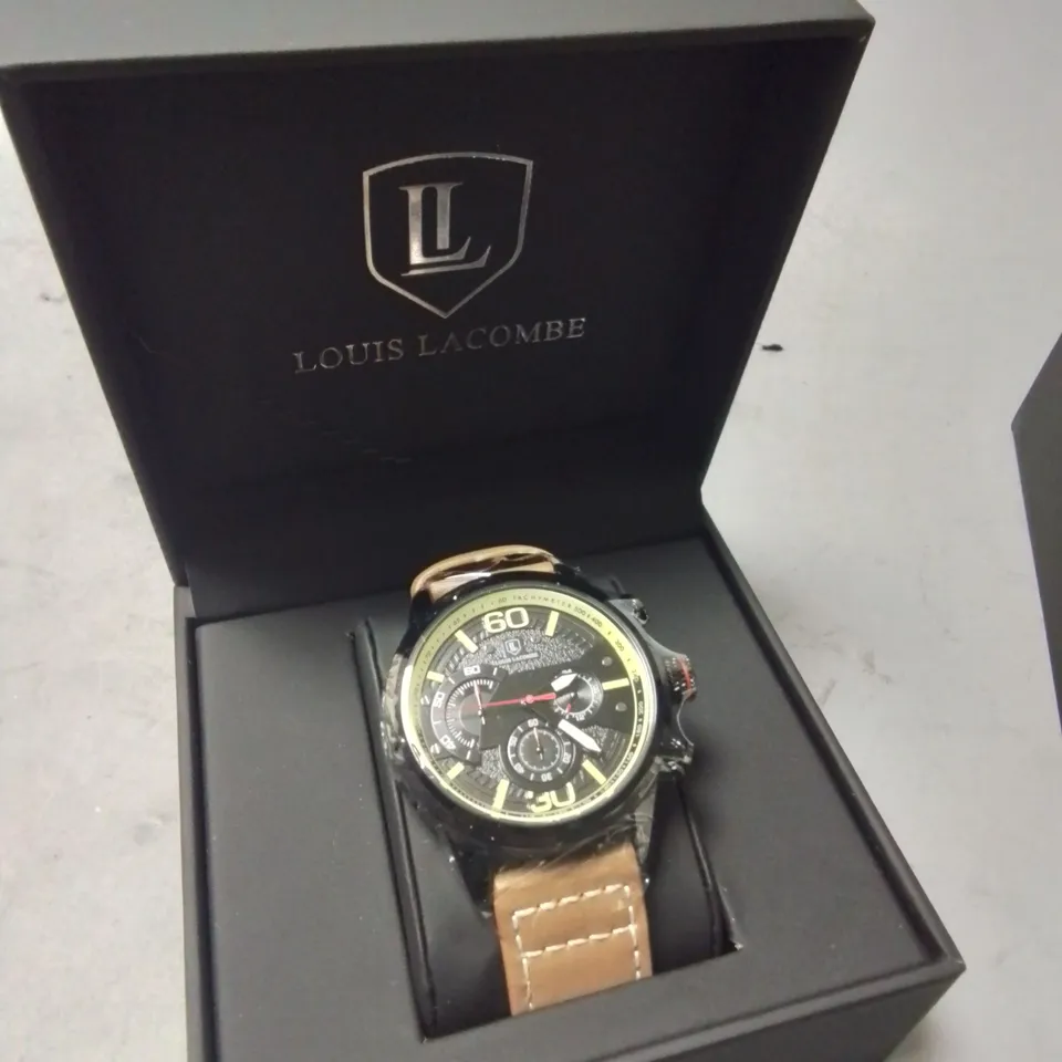 LOUIS LACOMBE GENTS STAINLESS STEEL CHRONOGRAPH WATCH WITH BROWN STRAP IN GIFT BOX