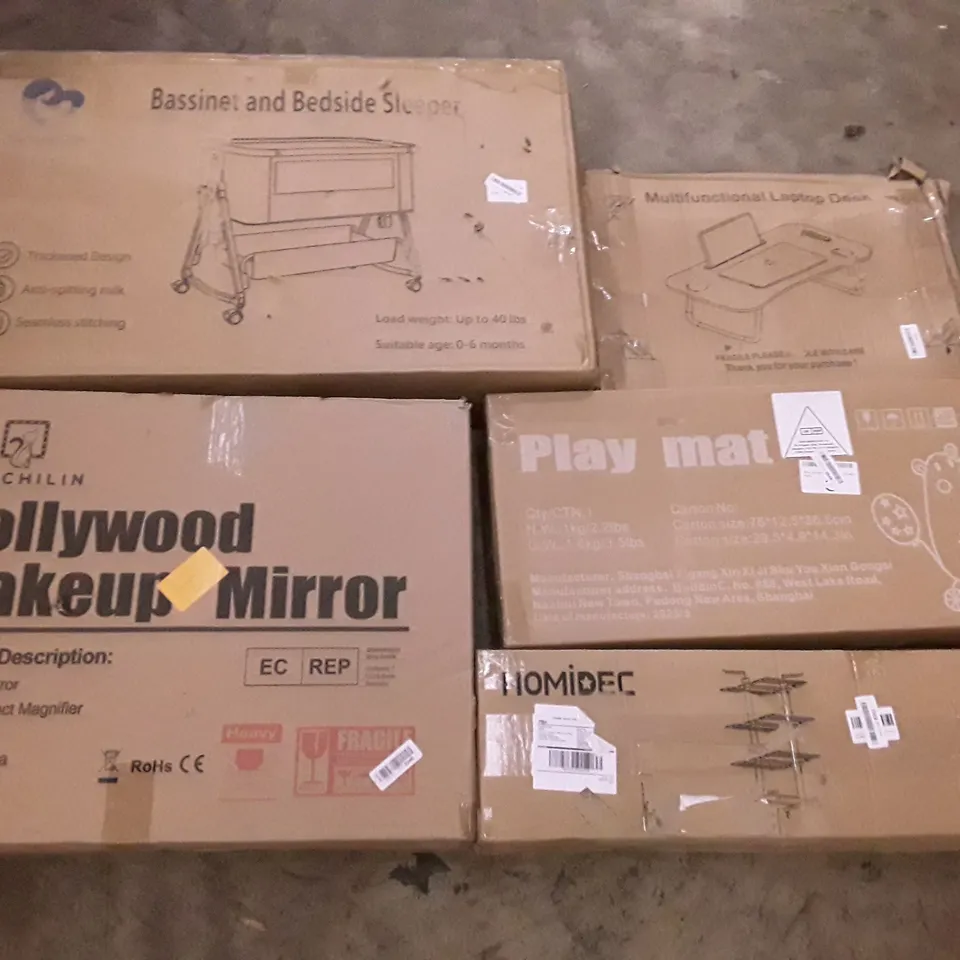 PALLET OF ASSORTED PRODUCTS INCLUDING HOLLYWOOD MAKEUP MIRROR, BASSINET AND BEDSIDE SLEEPER, MULTIFUNCTIONAL LAPTOP DESK, HOMIDEC DRYING RACK, KIDS PLAY MAT 