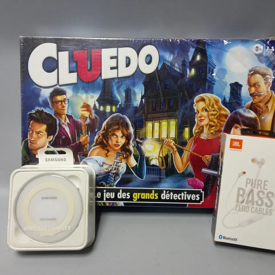 APPROXIMATELY 12 ASSORTED ITEMS TO INCLUDE FRENCH CLUEDO, JBL TUNE110BT EARPHONES, SAMSUNG WIRELESS CHARGER PAD, ETC