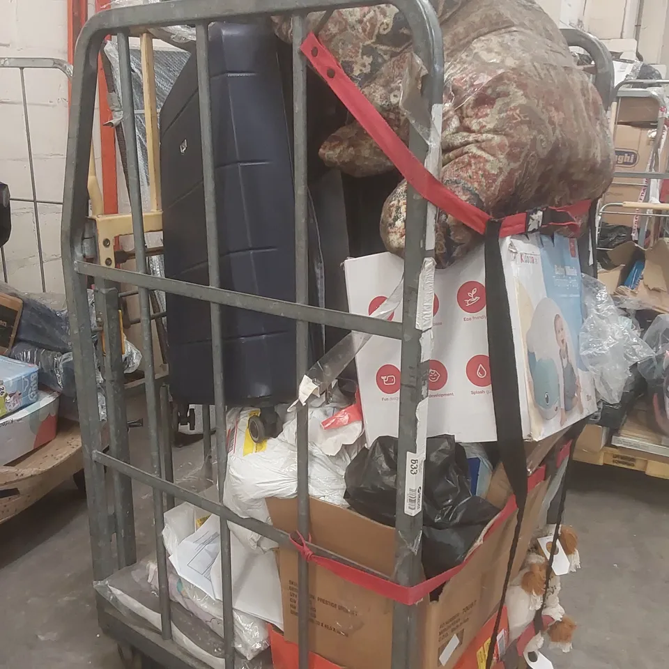 CAGE CONTAINING A LARGE QUANTITY OF ASSORTED ITEMS INCLUDING: KIDOOLA BABY WHALE TRAINING POTTY, LARGE RUG, CUSHIONS, CURTAINS, DINING CHAIR ECT // CAGE NOT INCLUDED
