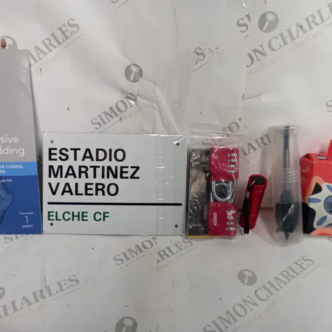 BOX OF APPROXIMATELY 12 ASSORTED ITEMS TO INCLUDE - BOOTS SELF-ADHESIVE THICK PADDING - PADLOCKS - FLASHLIGHT ECT