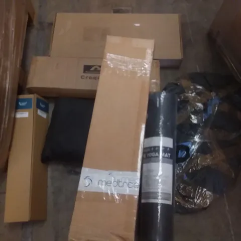 PALLET OF ASSORTED ITEMS INCLUDING VISUAL BLISS SMALL WHITE PAMPAS GRASS, APUDARMIS CROQUET, MEDTREE, VACURE THE YOGA MAT, FURWOOD OFFICE STOOL, CHIMNEY SWEEP KIT