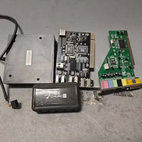 BOX OF APPROXIMATELY 12 ASSORTED ITEMS TO INCLUDE - PCI SOUND CARD , 7 PORTS HUB ETC