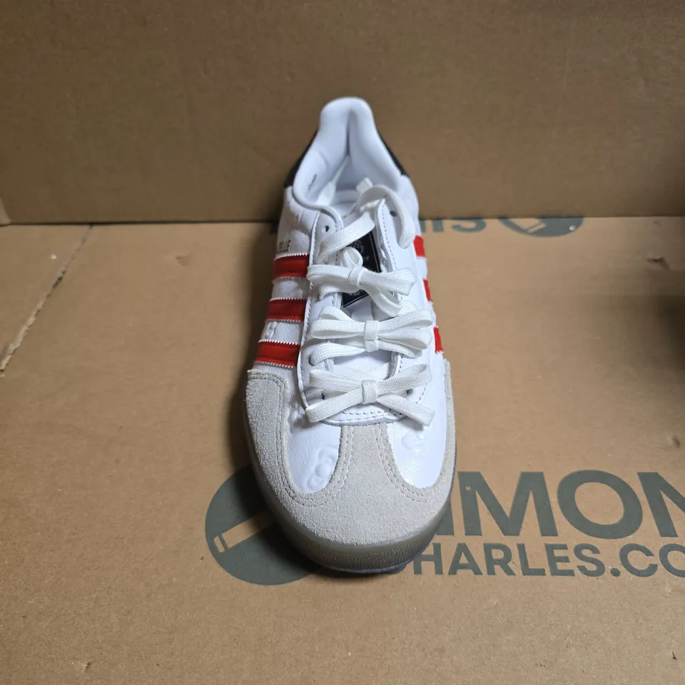 ADIDAS GAZELLE 50TH HELLO KITTY ANNIVERSARY SNEAKERS – WHITE LEATHER WITH RED STRIPES - UK 5