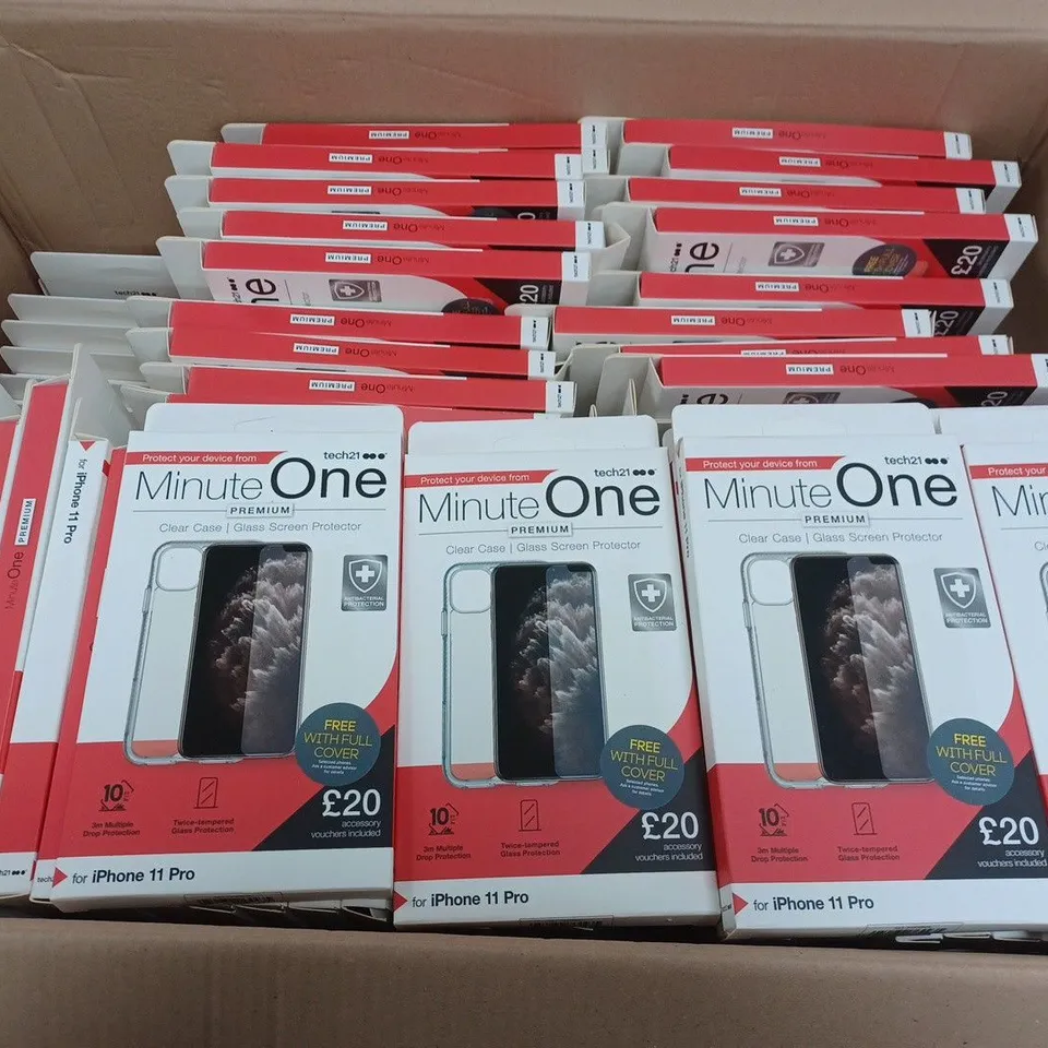 LOT OF APPROXIMATELY 150 TECH 21 MINUTE ONE CLEAR CASES FOR IPHONE 11 PRO