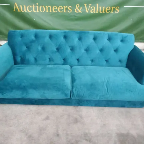 DESIGNER TEAL VELVET EFFECT FABRIC BUTTON BACK THREE SEATER SOFA