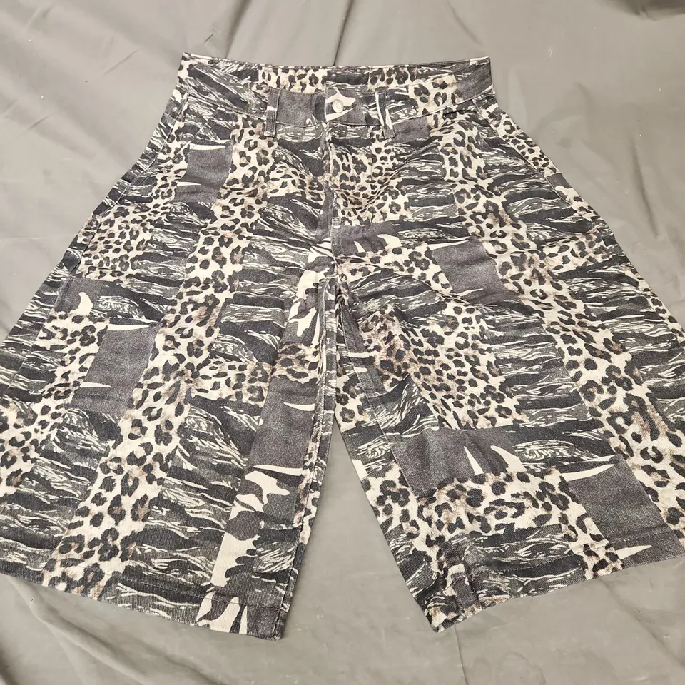 RECLAIMED VINTAGE DENIM JORTS IN MIXED ANIMAL PRINT SIZE W34