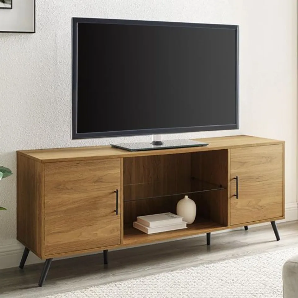 BRAND NEW BOXED WALKER EDISON BOWIE WOODEN TV STAND IN MID CENTURY ENGLISH NATURAL (1 BOX)
