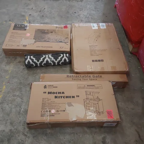 PALLET OF ASSORTED ITEMS INCLUDING: TOY KITCHEN, RETRACTABLE GATE, MAT, LED 32" TELEVISION, WAGON CART ECT