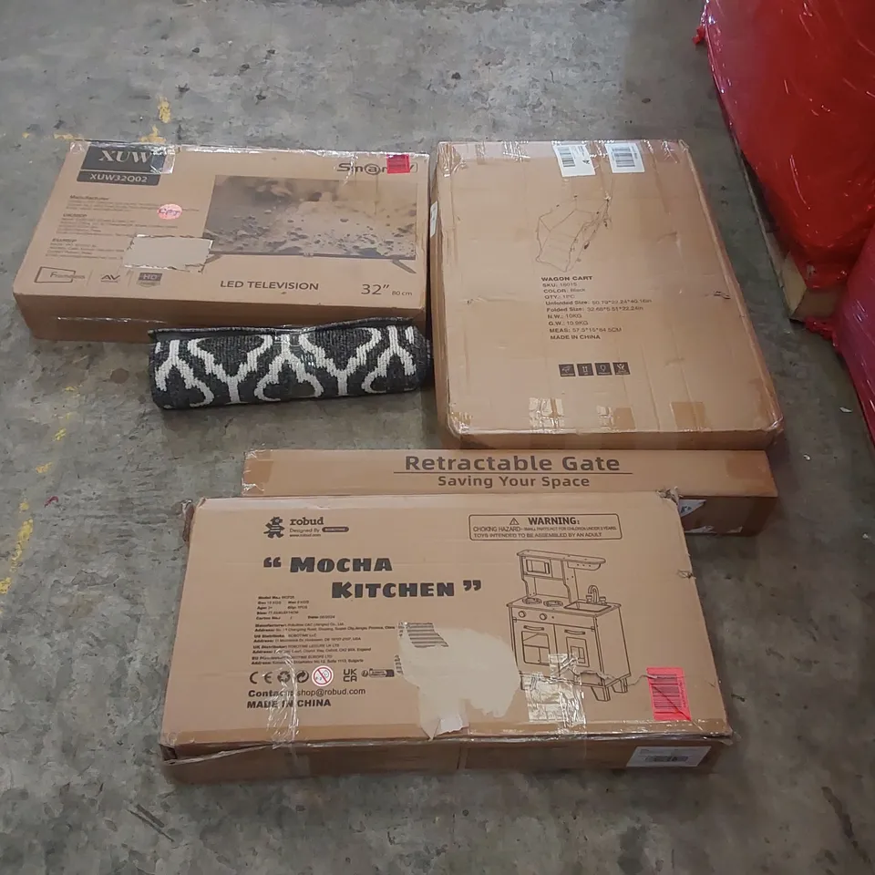 PALLET OF ASSORTED ITEMS INCLUDING: TOY KITCHEN, RETRACTABLE GATE, MAT, LED 32" TELEVISION, WAGON CART ECT