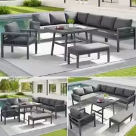 BOXED HANDWOVEN L-SHAPED GARDEN SOFA FOR 8, STURDY IRON FRAME, GRAY CUSHIONS, TABLE WITH MARBLE GLASS TOP, WEATHERPROOF SET (3 BOXES)