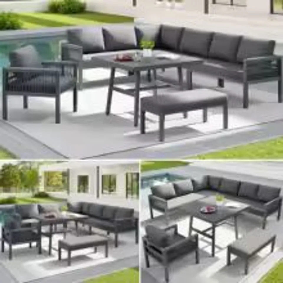 BOXED HANDWOVEN L-SHAPED GARDEN SOFA FOR 8, STURDY IRON FRAME, GRAY CUSHIONS, TABLE WITH MARBLE GLASS TOP, WEATHERPROOF SET (3 BOXES)