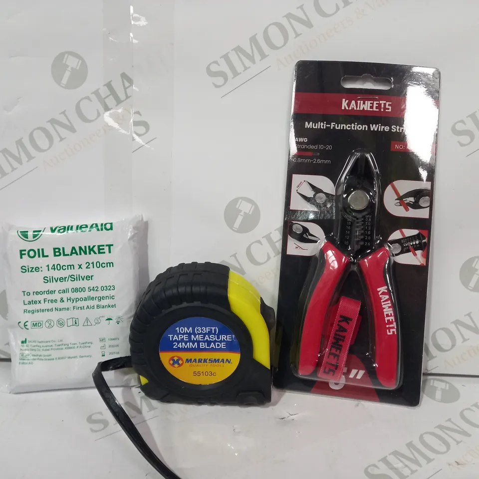 LOT OF APPROXIMATELY 10 ASSORTED HOUSEHOLD ITEMS TO INCLUDE MULTI-FUNCTION WIRE STRIPPER, TAPE MEASURE, VALUEAID FOIL BLANKET, ETC