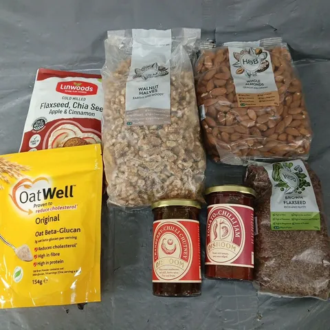 APPROXIMATELY 6 ASSORTED FOOD & DRINK ITEMS TO INCLUDE - WALNUT HALVES, WHOLE ALMONDS, AND BROWN FLAXSEEDS ETC. 