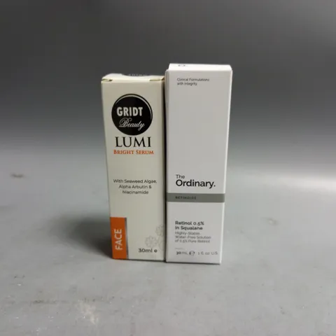 2 BOXED BEAUTY PRODUCTS TO INCLUDE GRIDT BEAUTY LUMI BRIGHT SERUM 30ML, THE ORDINARY RETINOL 0.5% IN SQUALANE 
