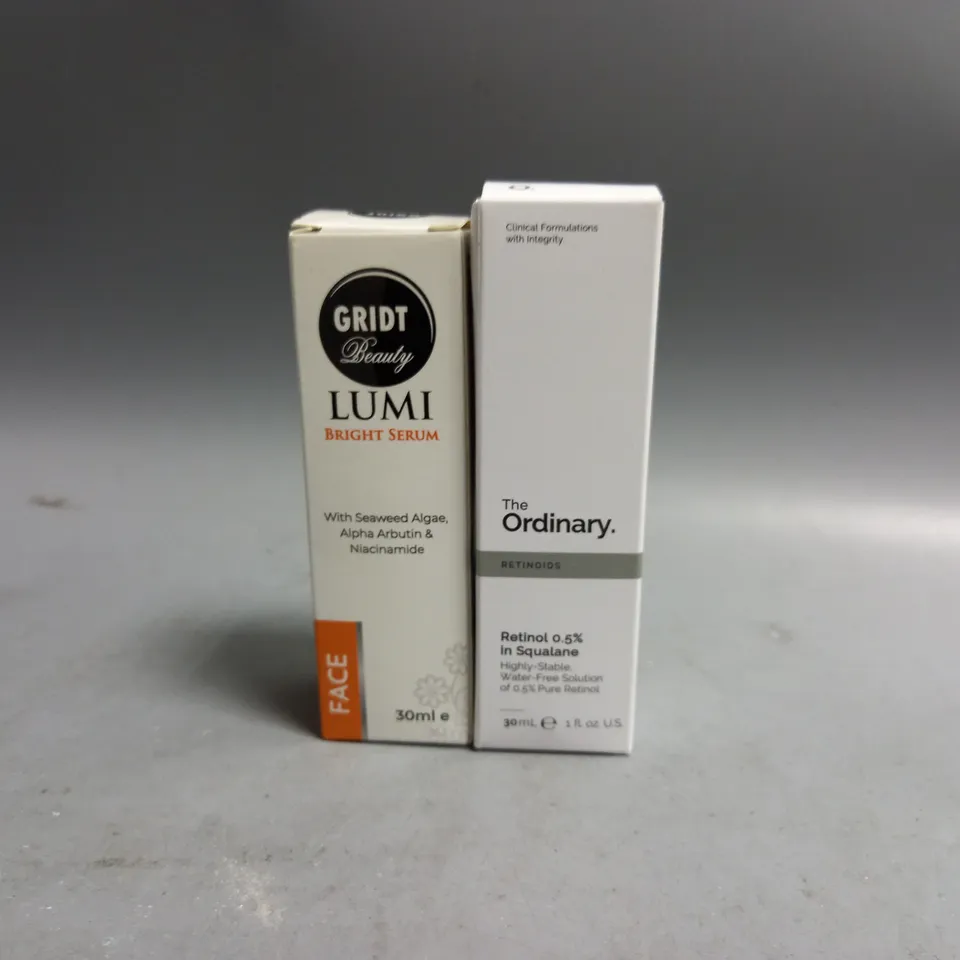 2 BOXED BEAUTY PRODUCTS TO INCLUDE GRIDT BEAUTY LUMI BRIGHT SERUM 30ML, THE ORDINARY RETINOL 0.5% IN SQUALANE 