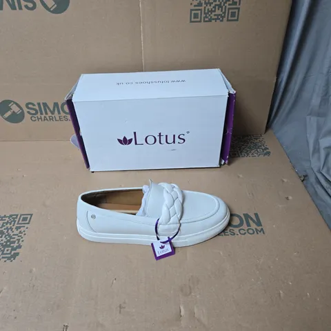 LOTUS WHITE LEATHER SLIP-ON SHOES WITH BRAIDED STRAP – UK SIZE 8